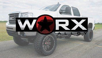 White GMC truck with WORX ALLOY logo on wheels and text overlaid.