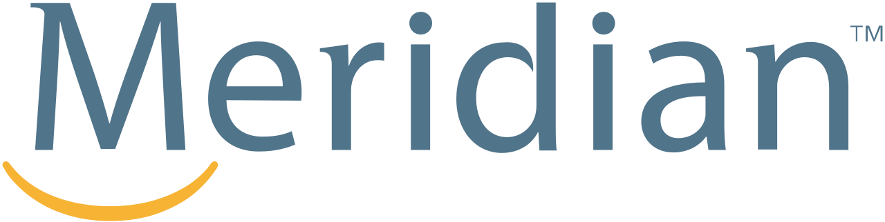 The logo for meridian is blue and yellow with a smile.