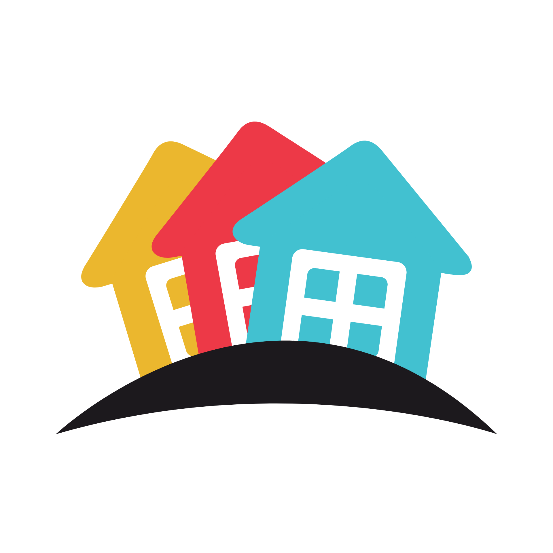 Three colorful houses are sitting on top of each other on a hill.