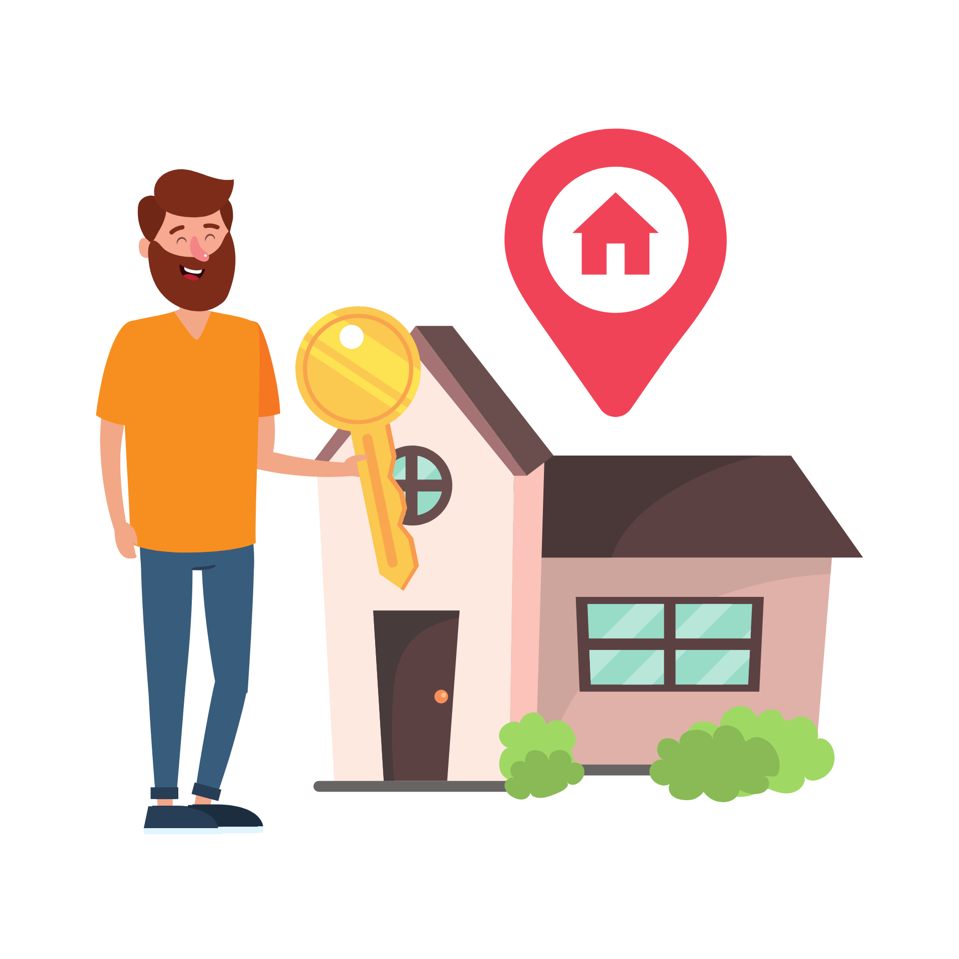 A man is holding a key in front of a house.