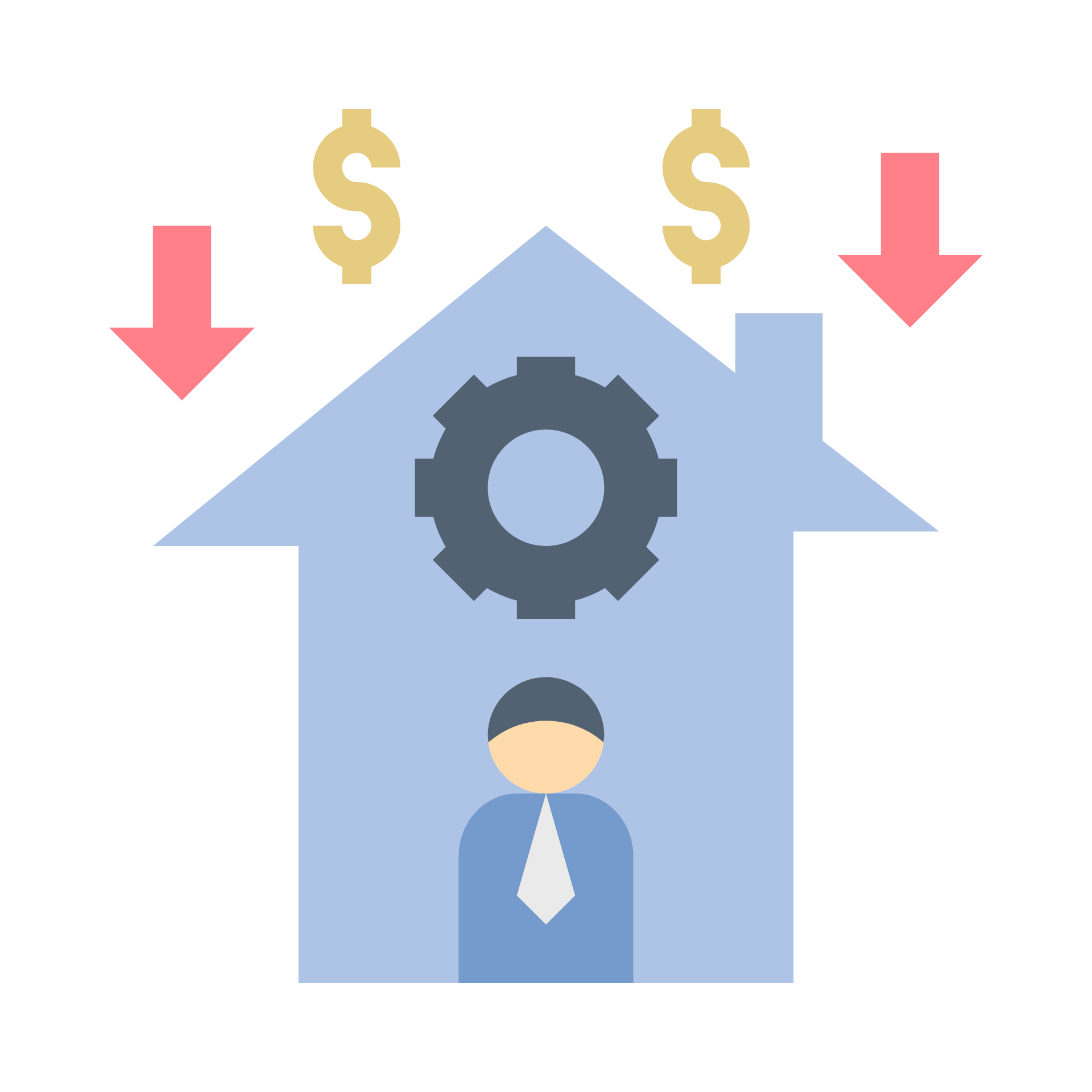 A man is standing in front of a house with gears and dollar signs coming out of it.