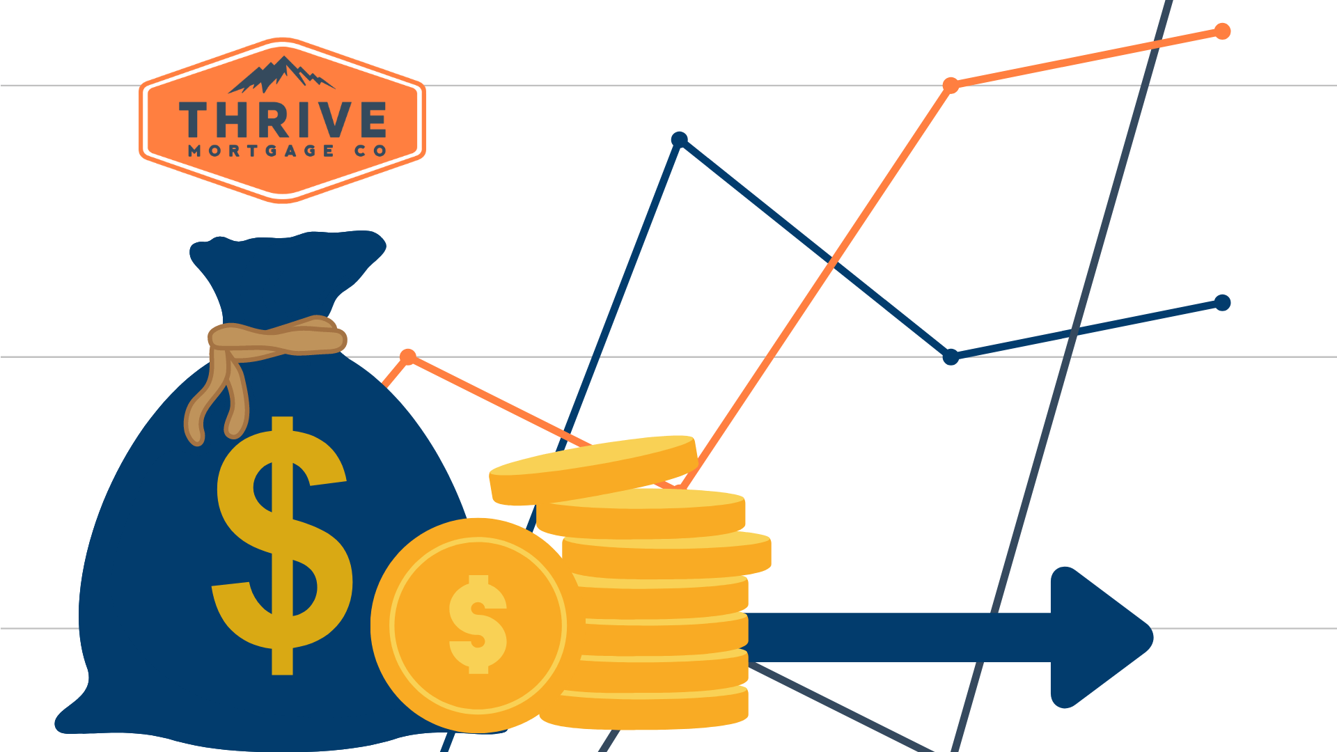 A bag of money is next to a stack of coins and a graph.