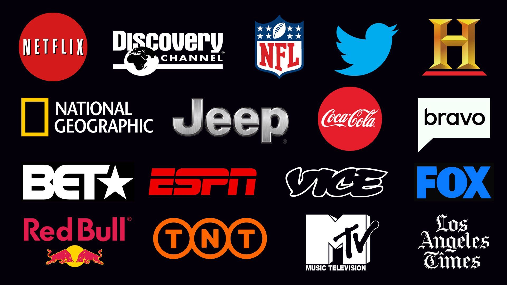 a bunch of logos on a black background including netflix and jeep