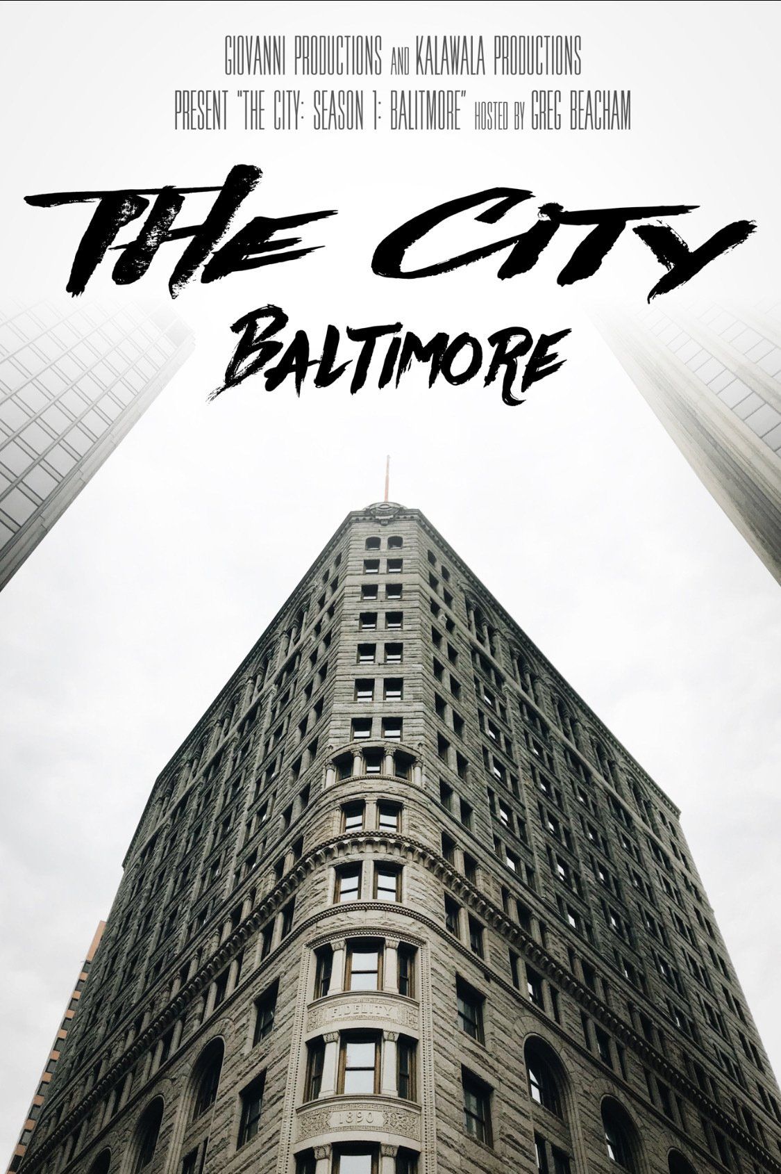a movie poster for the city baltimore shows a tall building .