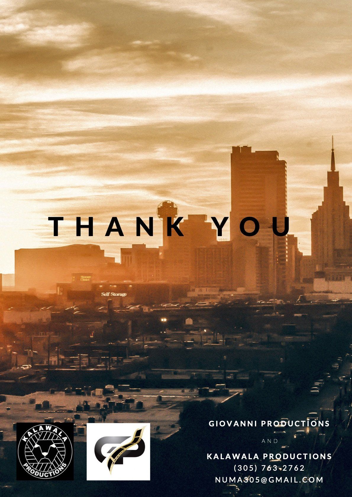 a thank you poster with a city skyline in the background
