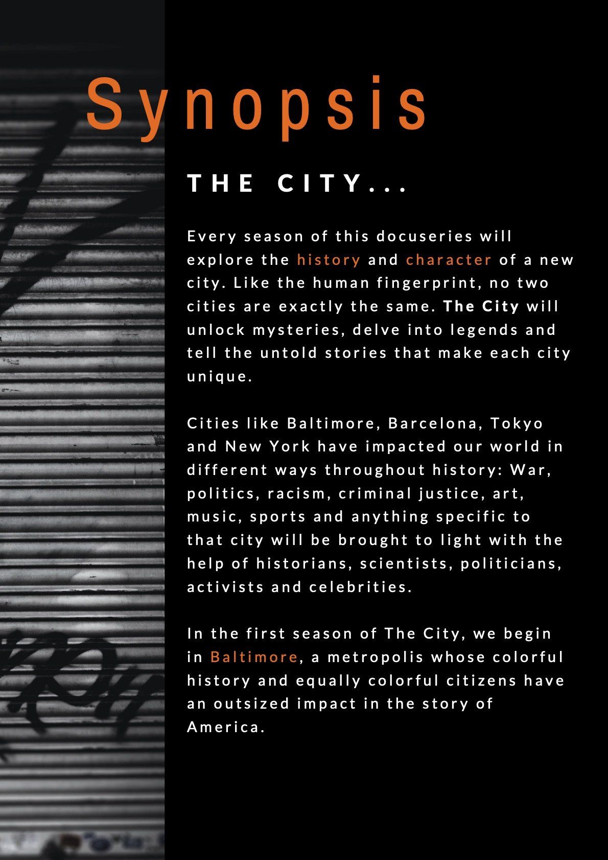 a black and white poster that says synopsis the city