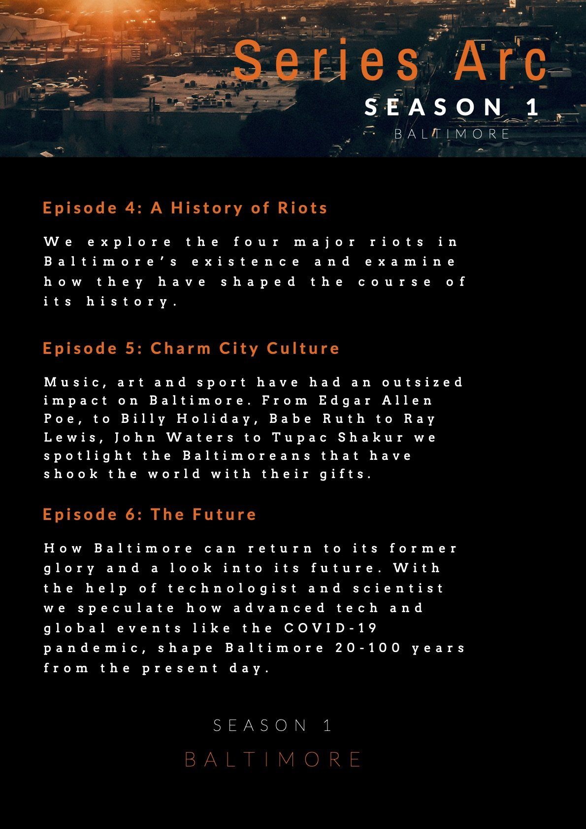 a poster for series arc season 1 with a city in the background