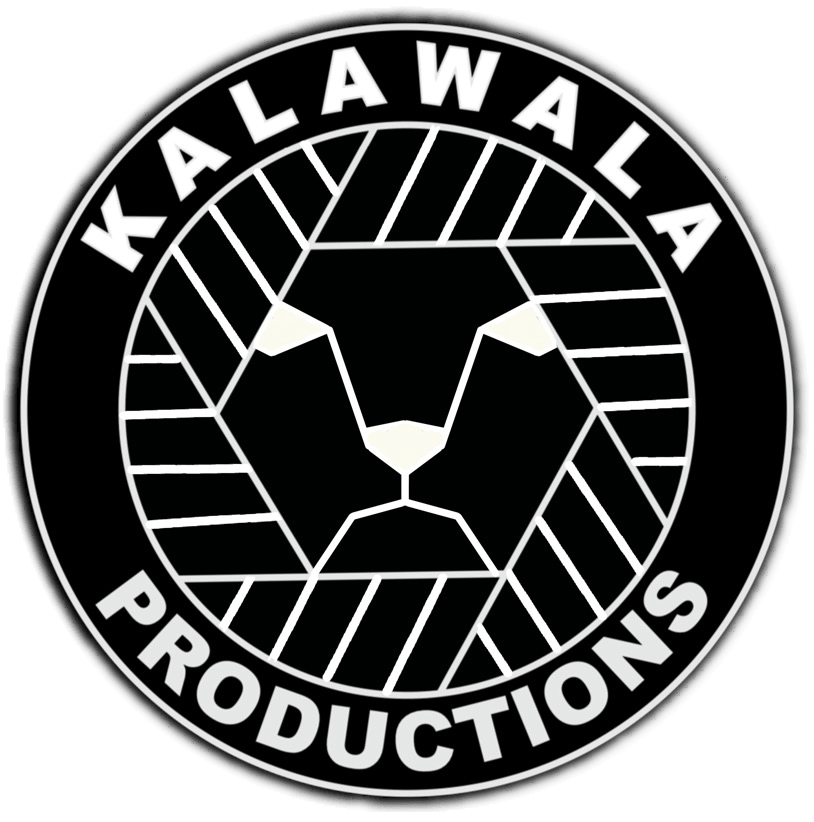 a black and white logo for kalawala productions with a lion 's head in the center .