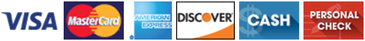 Visa, Mastercard, American Express, Discover, Cash, and Personal Check payment options.