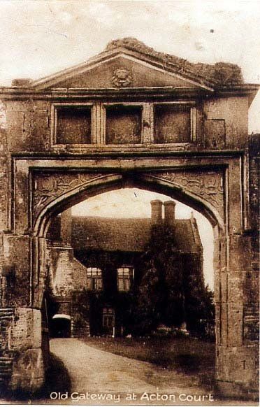 A black and white photo of the old gateway at acton court