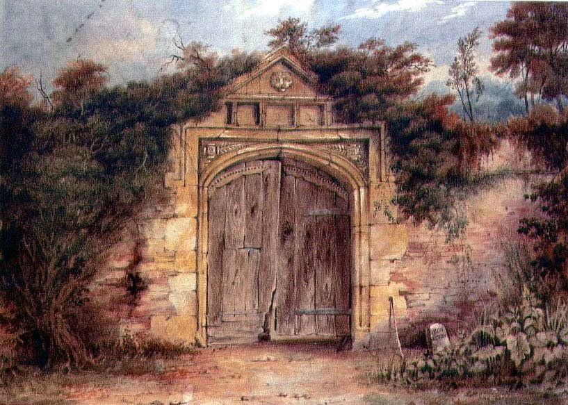 A painting of the gate at Acton Court