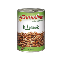 Una lattina di lenticchie su uno sfondo bianco.