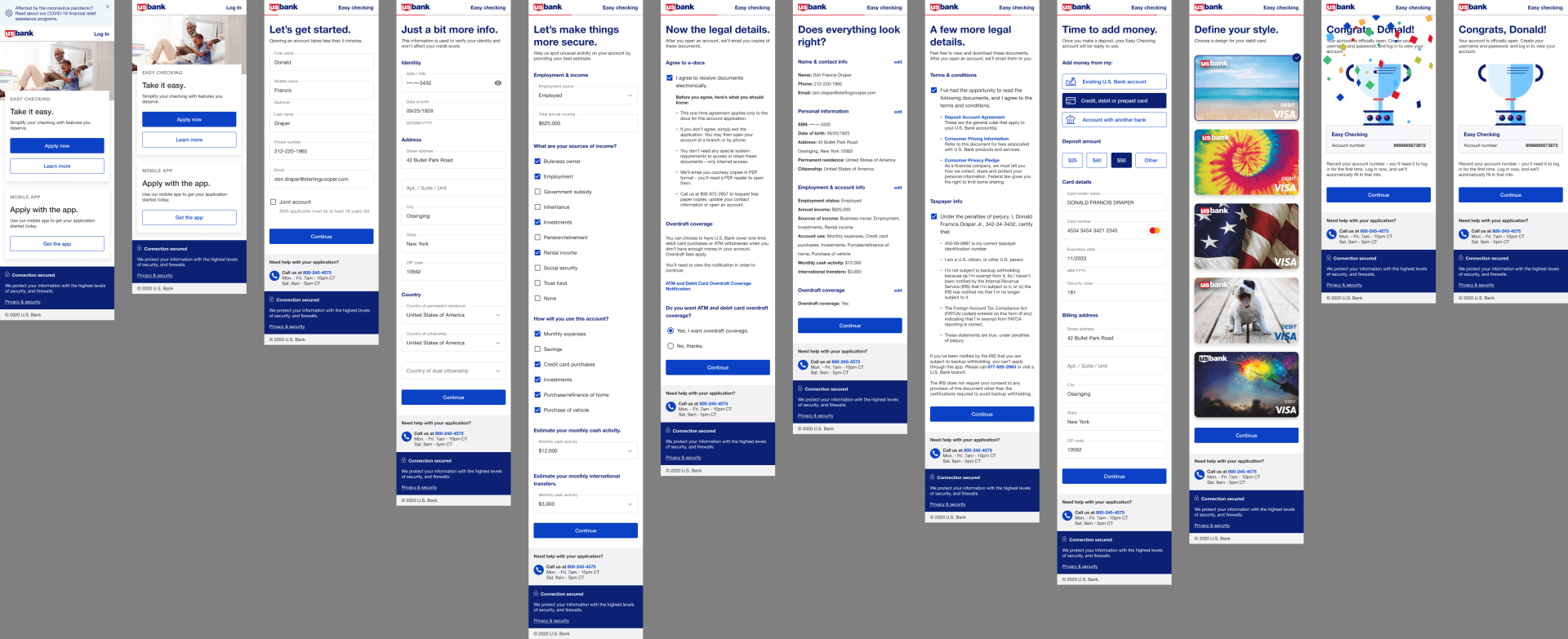 Collage of mobile app screens showing a blue-and-white interface with lists, forms, and image tiles