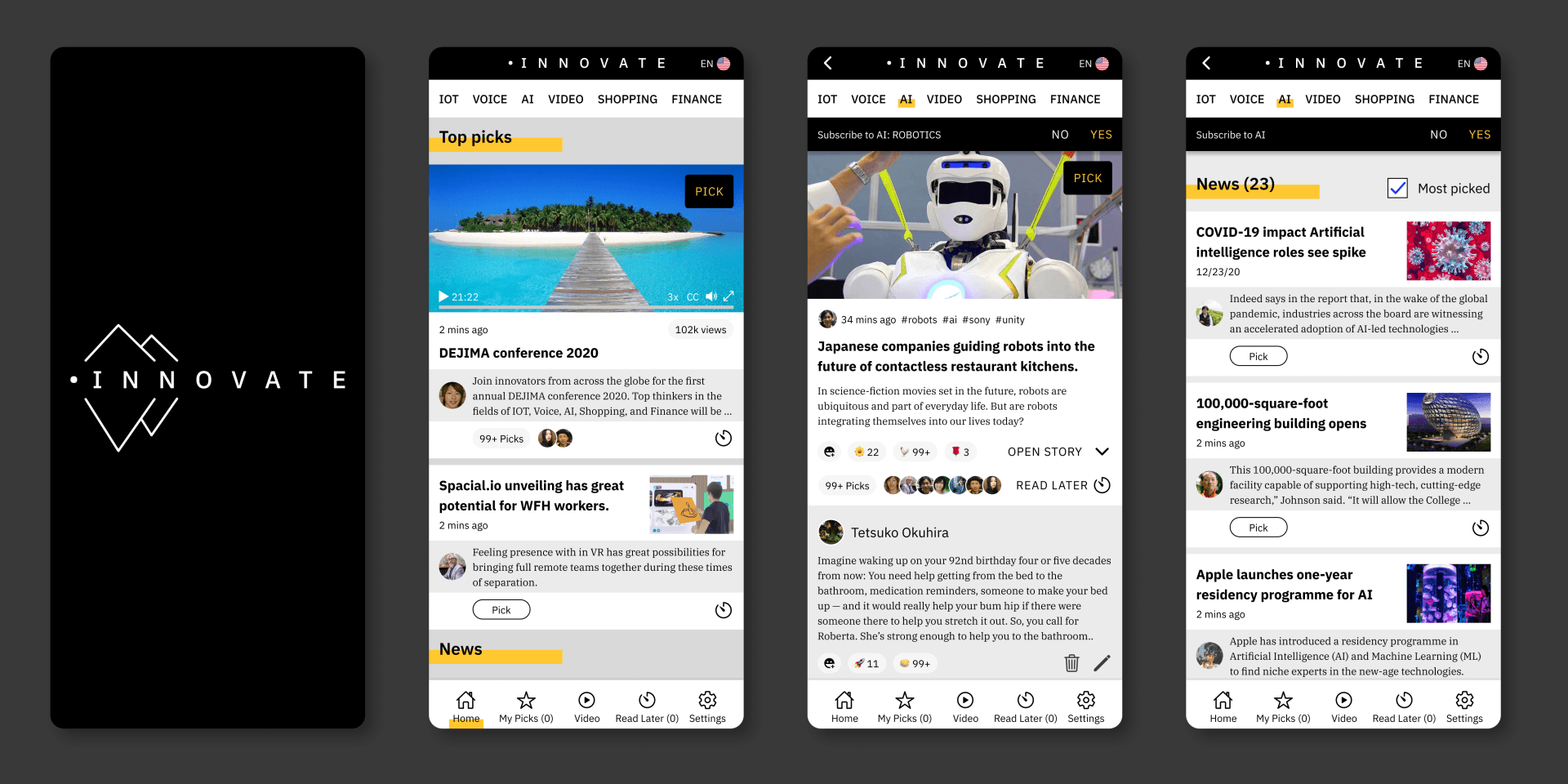 Four phone screenshots of a mobile app: splash screen, beach article, cartoon article, and news feed.