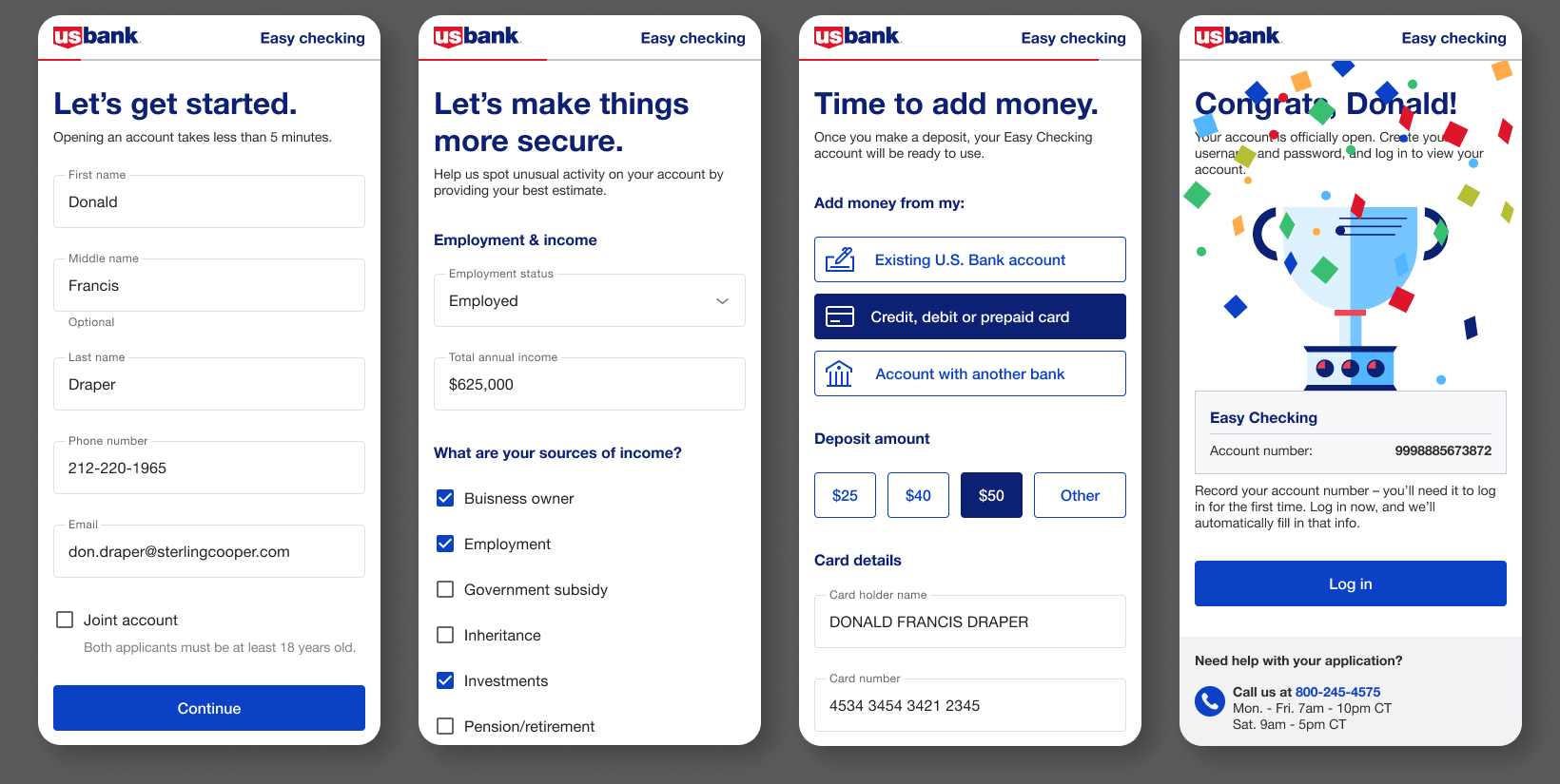 Four app screens showing onboarding and sign-up forms, with blue buttons and a trophy celebration screen.
