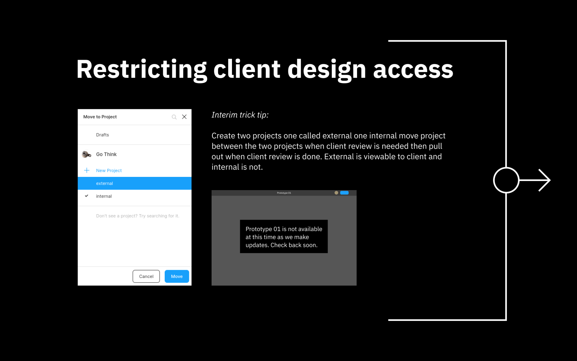 Slide titled “Restricting client design access” showing UI settings and a dialog on a black background
