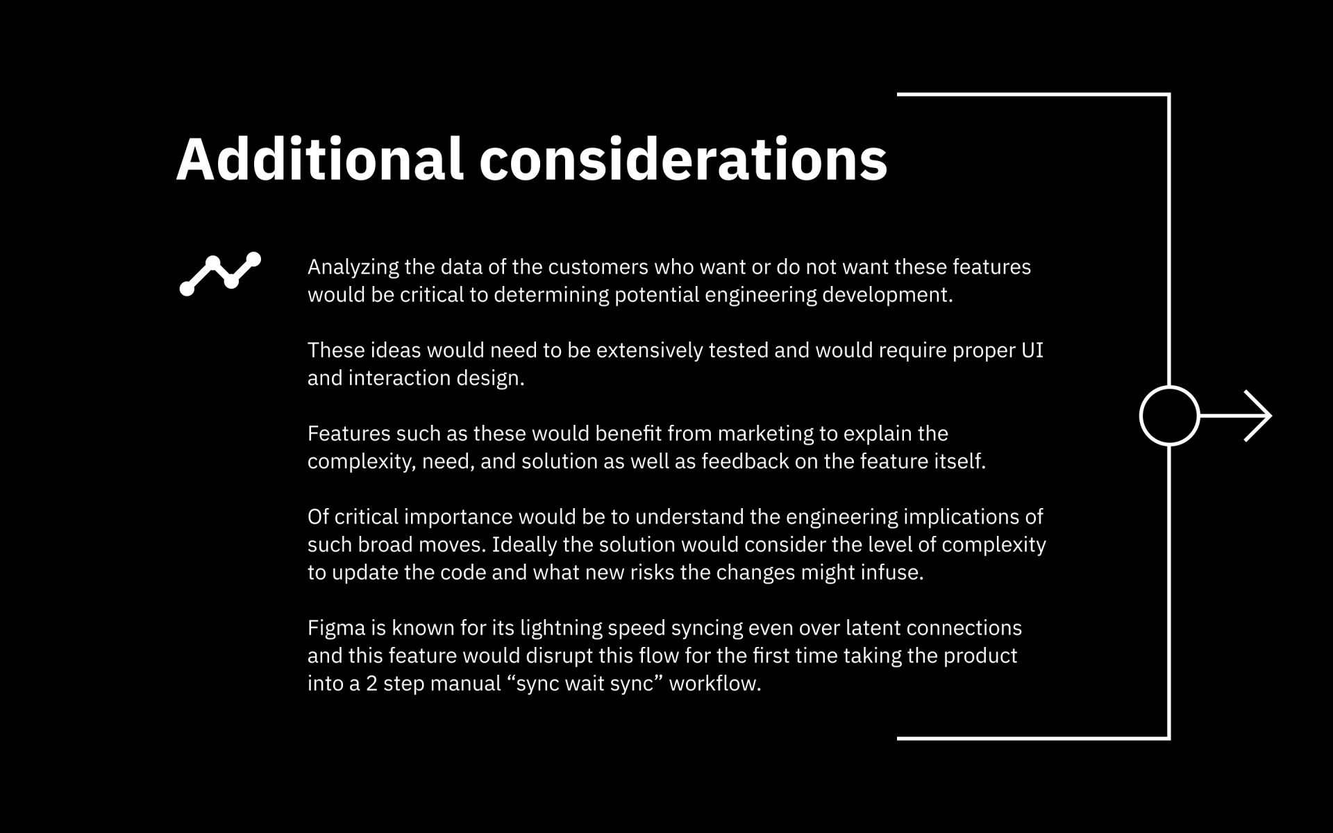 Dark slide titled “Additional considerations” with white text, a line graph icon, and a right arrow.