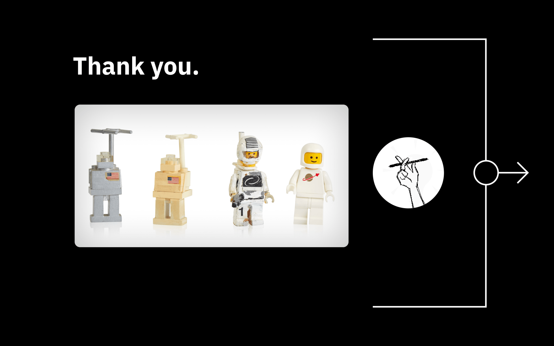 “Thank you” slide with four LEGO minifigures on a black background and a circular logo with an arrow on the right