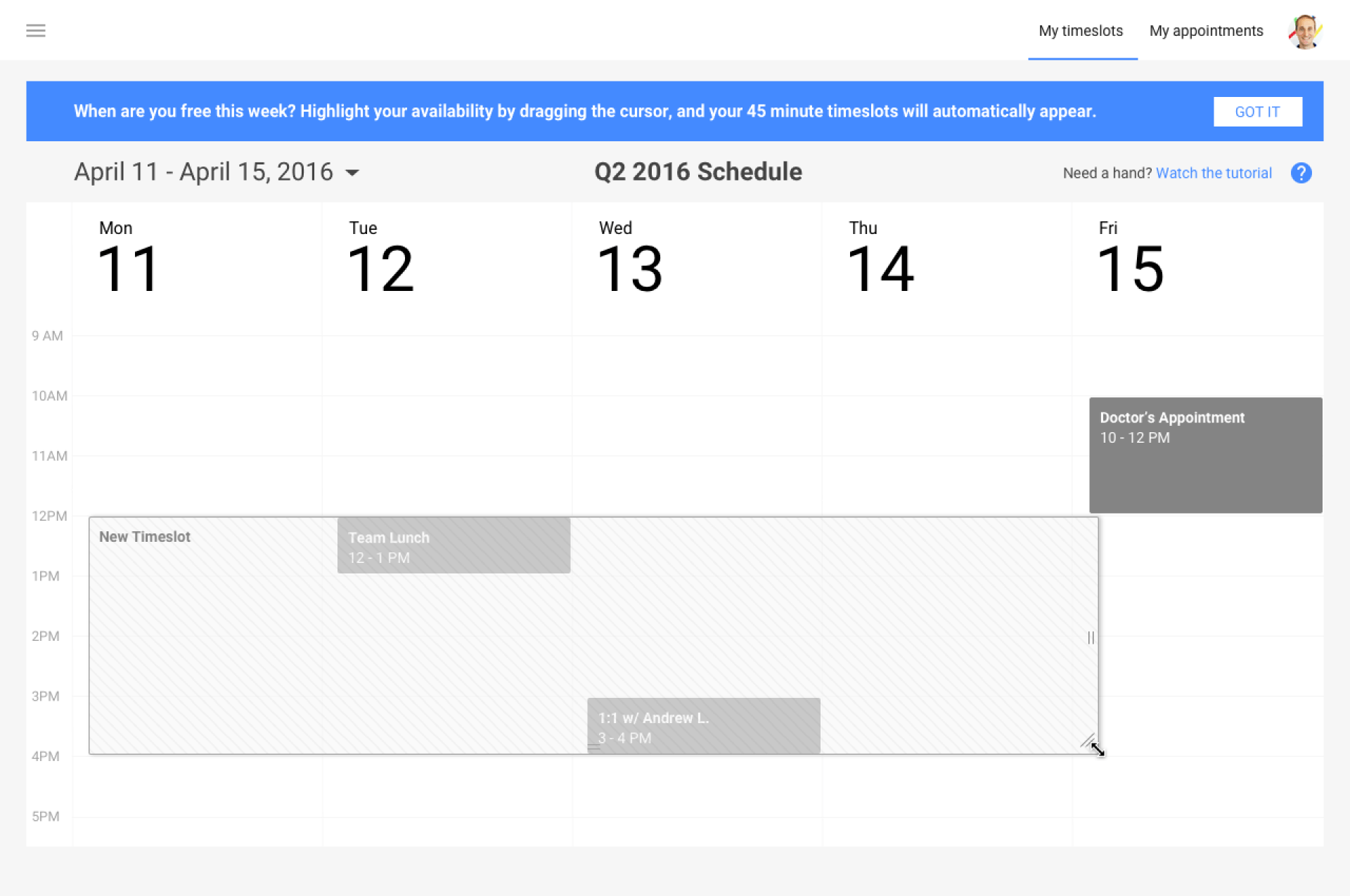 Weekly calendar view with scheduled gray events across dates 11–15 under a blue header.