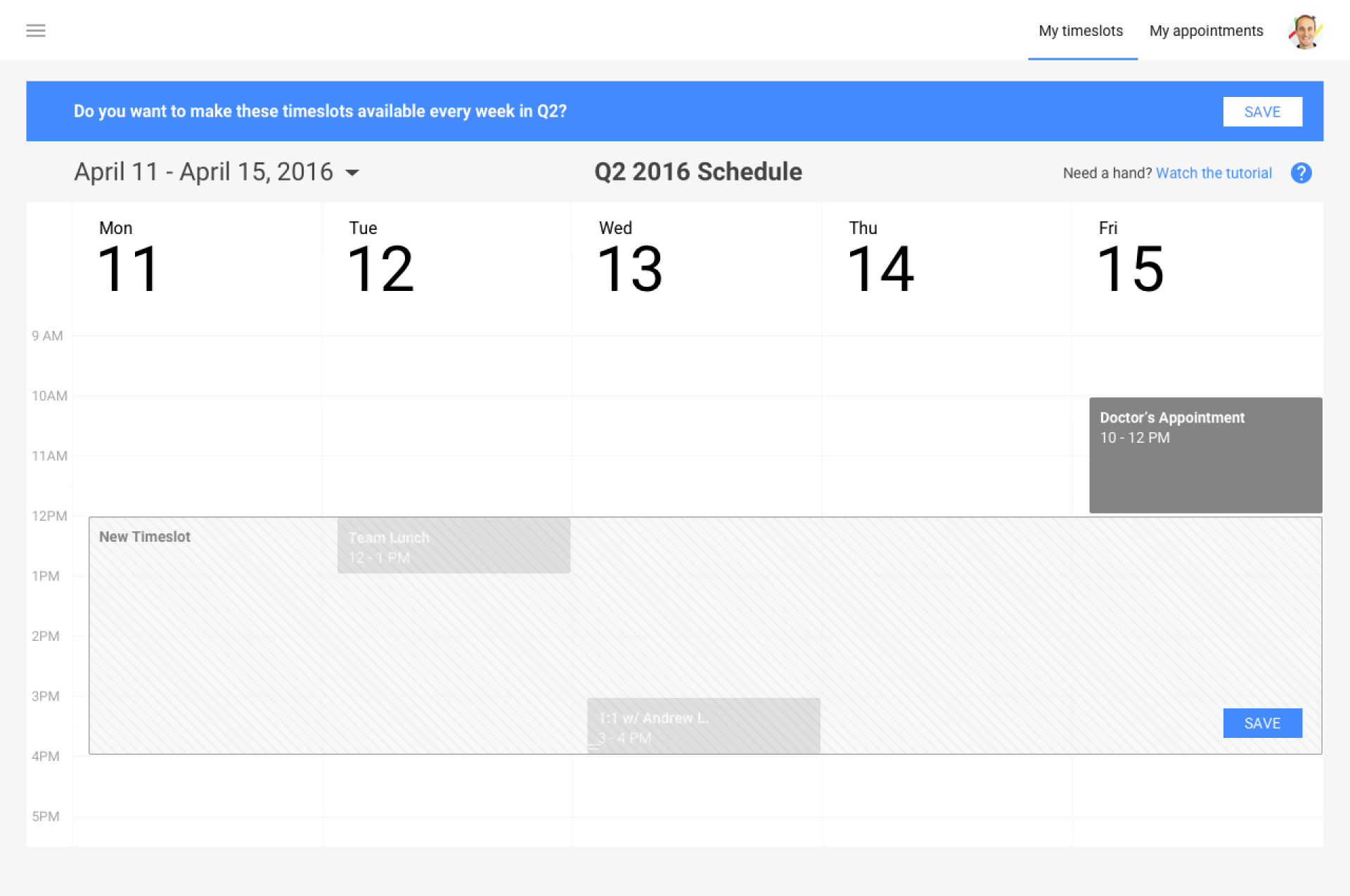 Weekly calendar view with dates 11–15 and several gray scheduled event blocks.