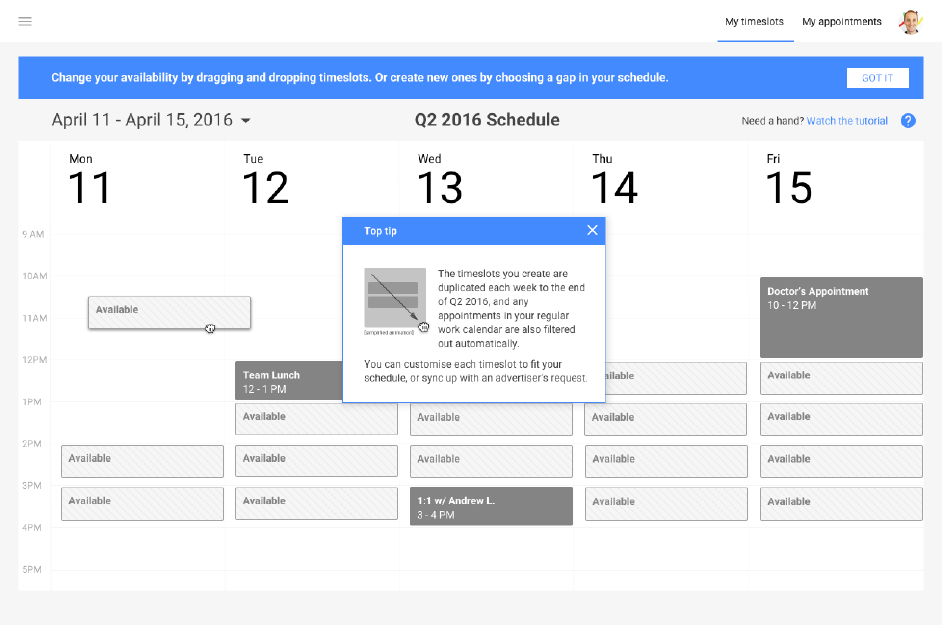 Weekly calendar view with blue header and event blocks, centered pop-up details dialog on dates 11–15