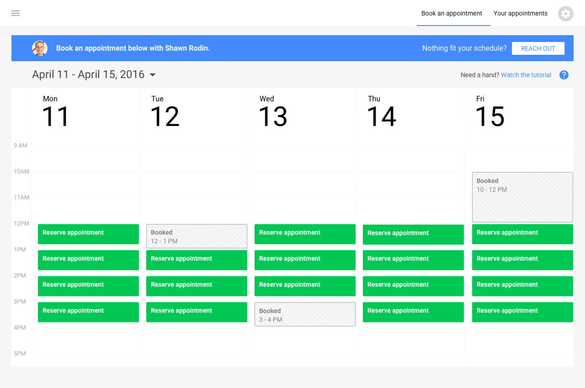 Weekly calendar schedule with green event blocks across days 11 to 15
