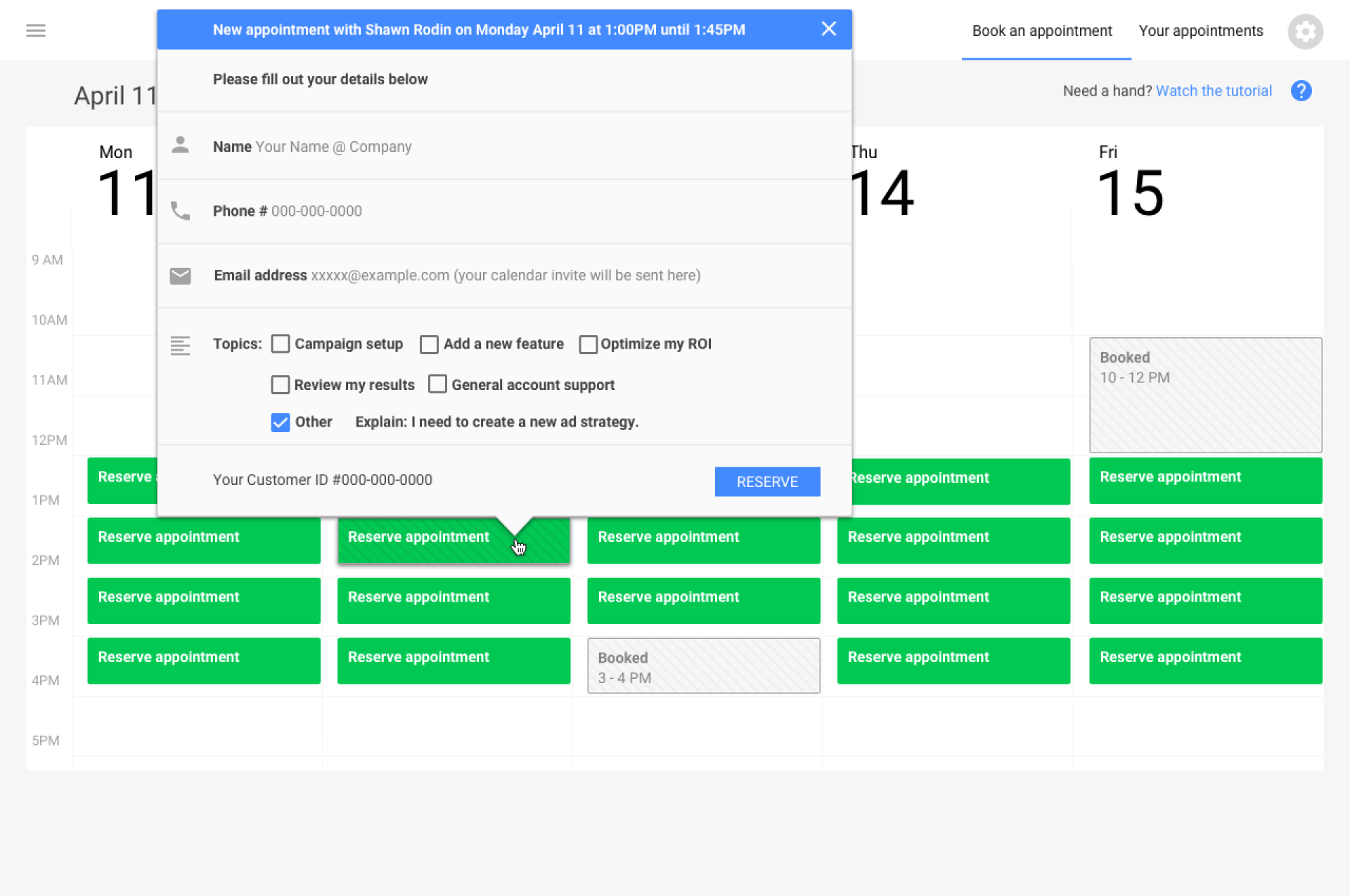 Calendar schedule view with a blue pop-up menu over green event blocks and dates 11 to 15 visible.