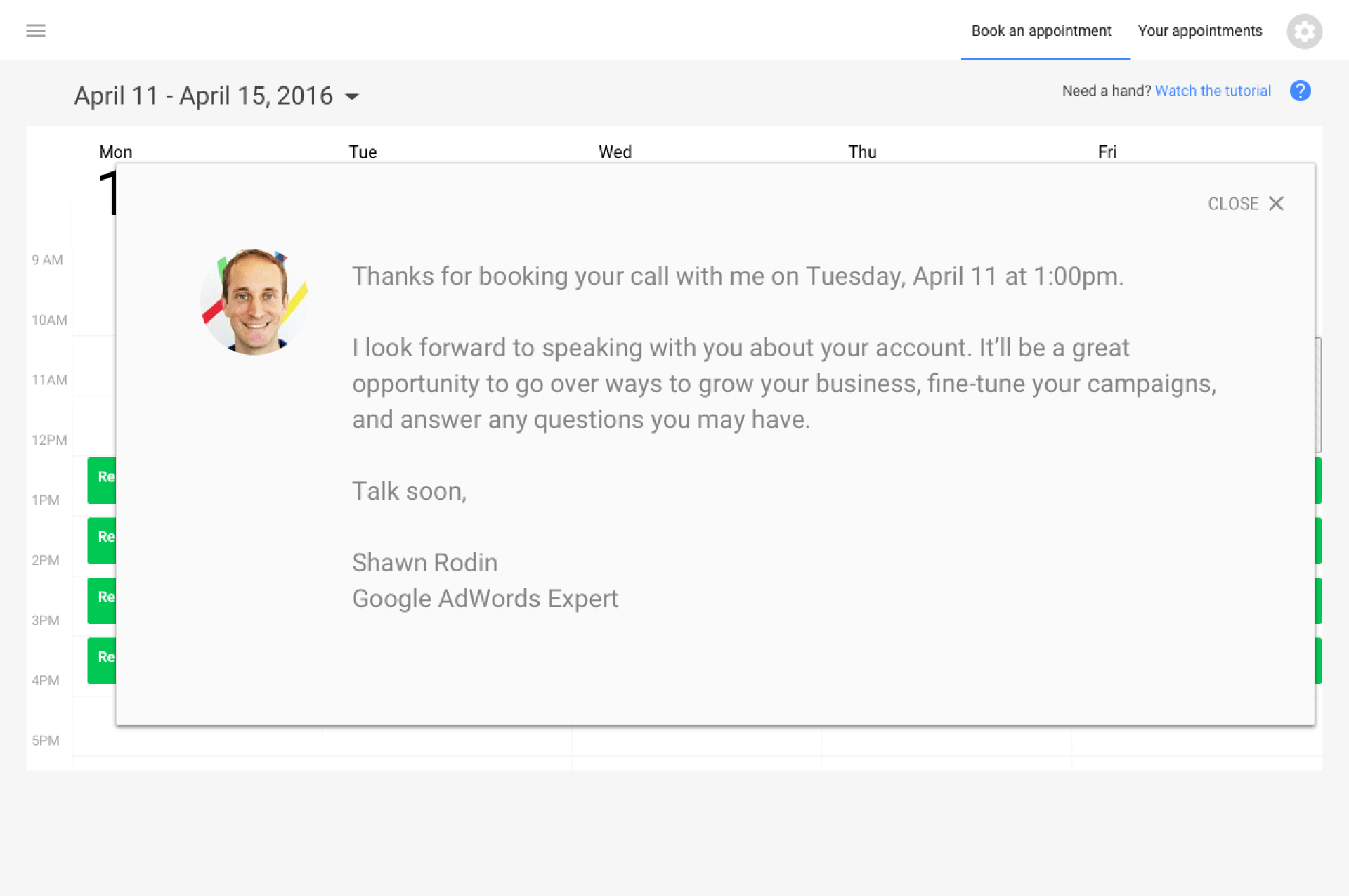 Calendar event details popup on a white dashboard, with a small profile photo and green schedule blocks in the sidebar