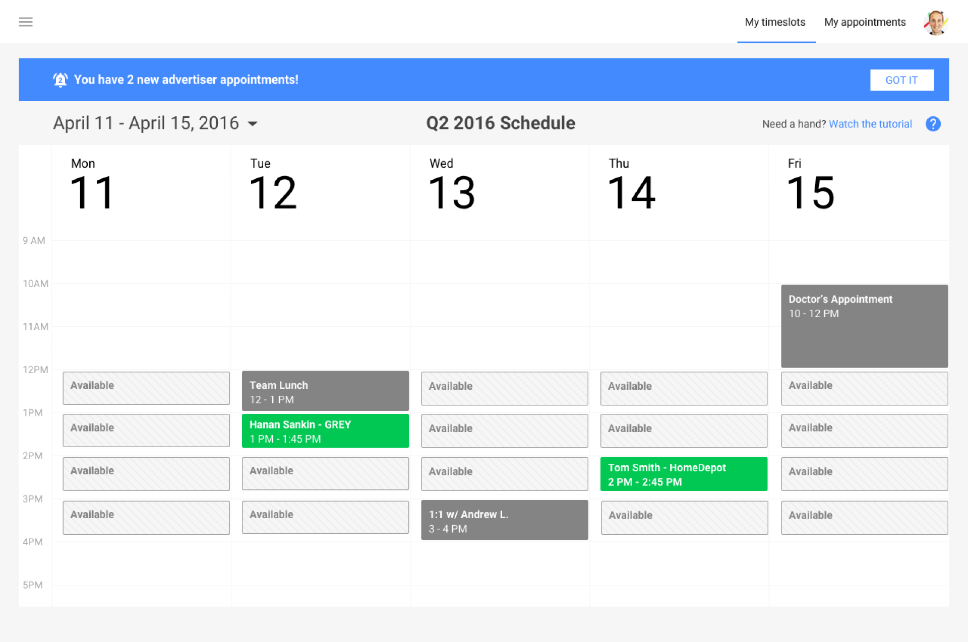 Week-view calendar schedule with events on days 11–15, including gray and green blocks.
