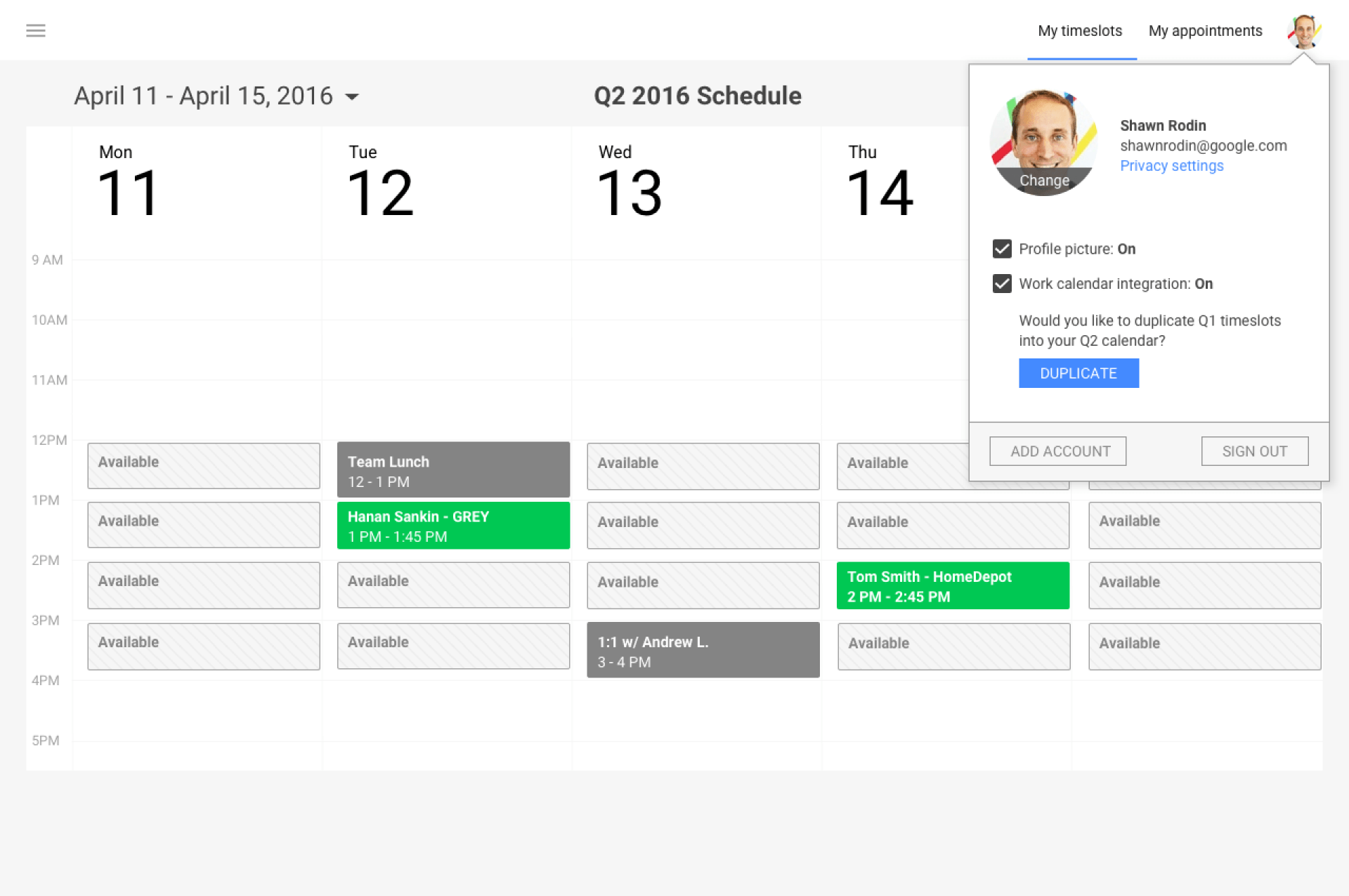 Calendar view with scheduled events and a profile pop-up on the right.