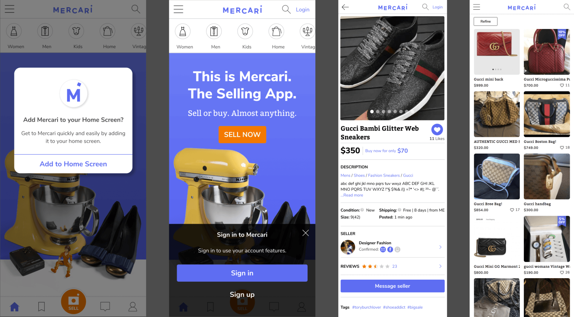 Collage of four mobile app screens, including login, promo, product listing, and image gallery pages.