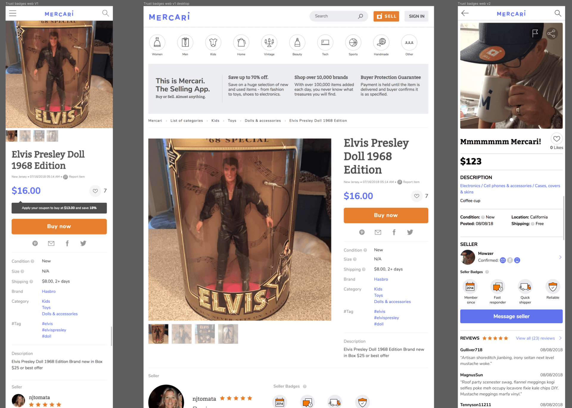 E-commerce product page showing a brown coat on a model, with photos, size options, and price details.