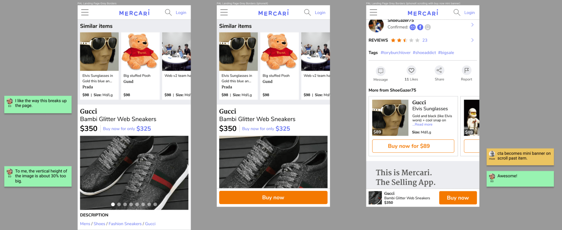 Three mobile shopping app screens showing product listings and a shoe detail page with orange call-to-action buttons