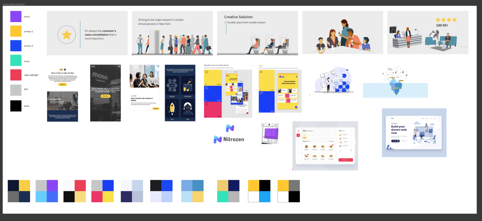 Design mood board with colorful branding mockups, illustrations, web pages, and a palette strip