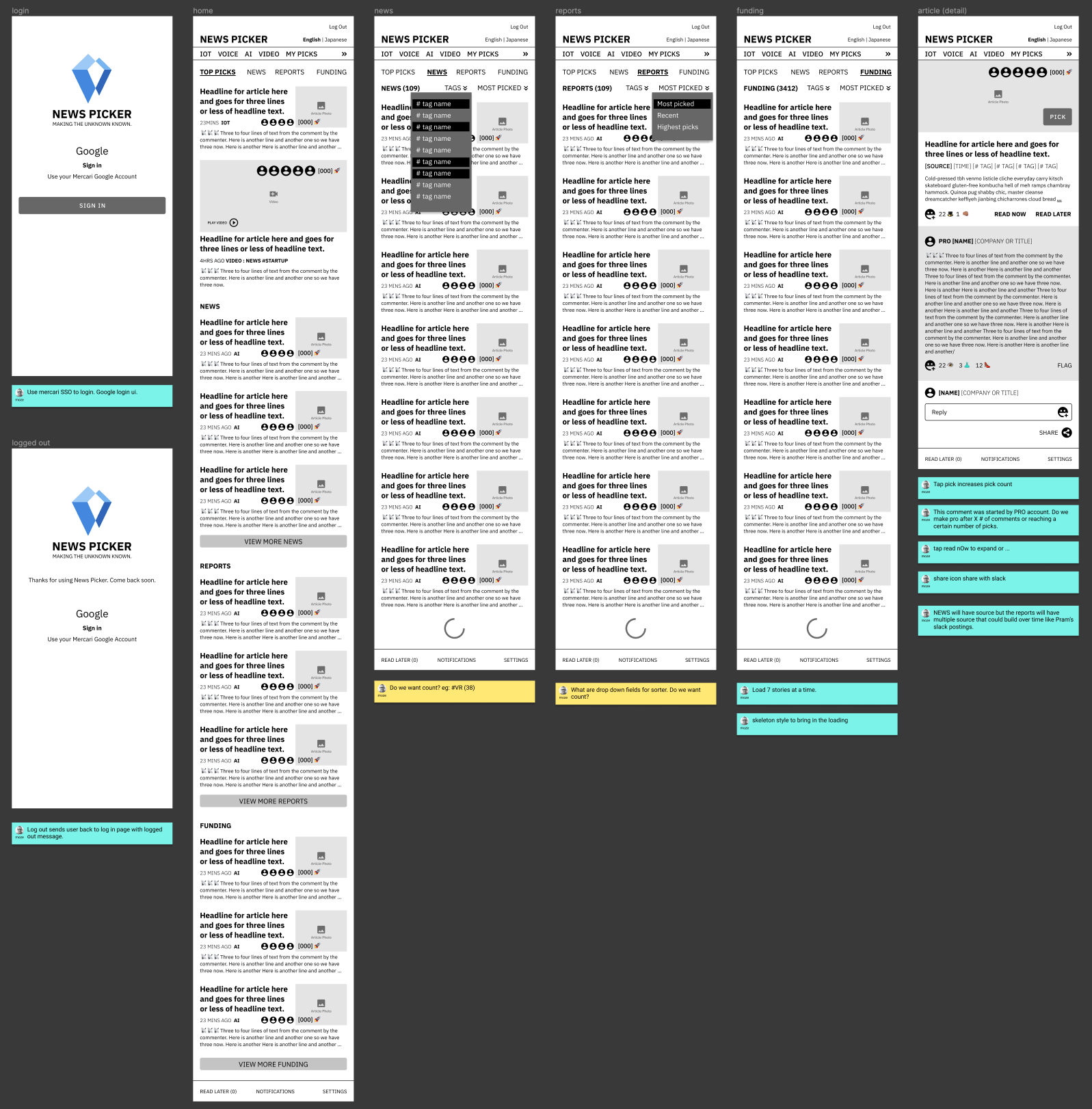 Multiple tall mobile app screenshots on a dark background, showing white screens with text, buttons, and teal accents.