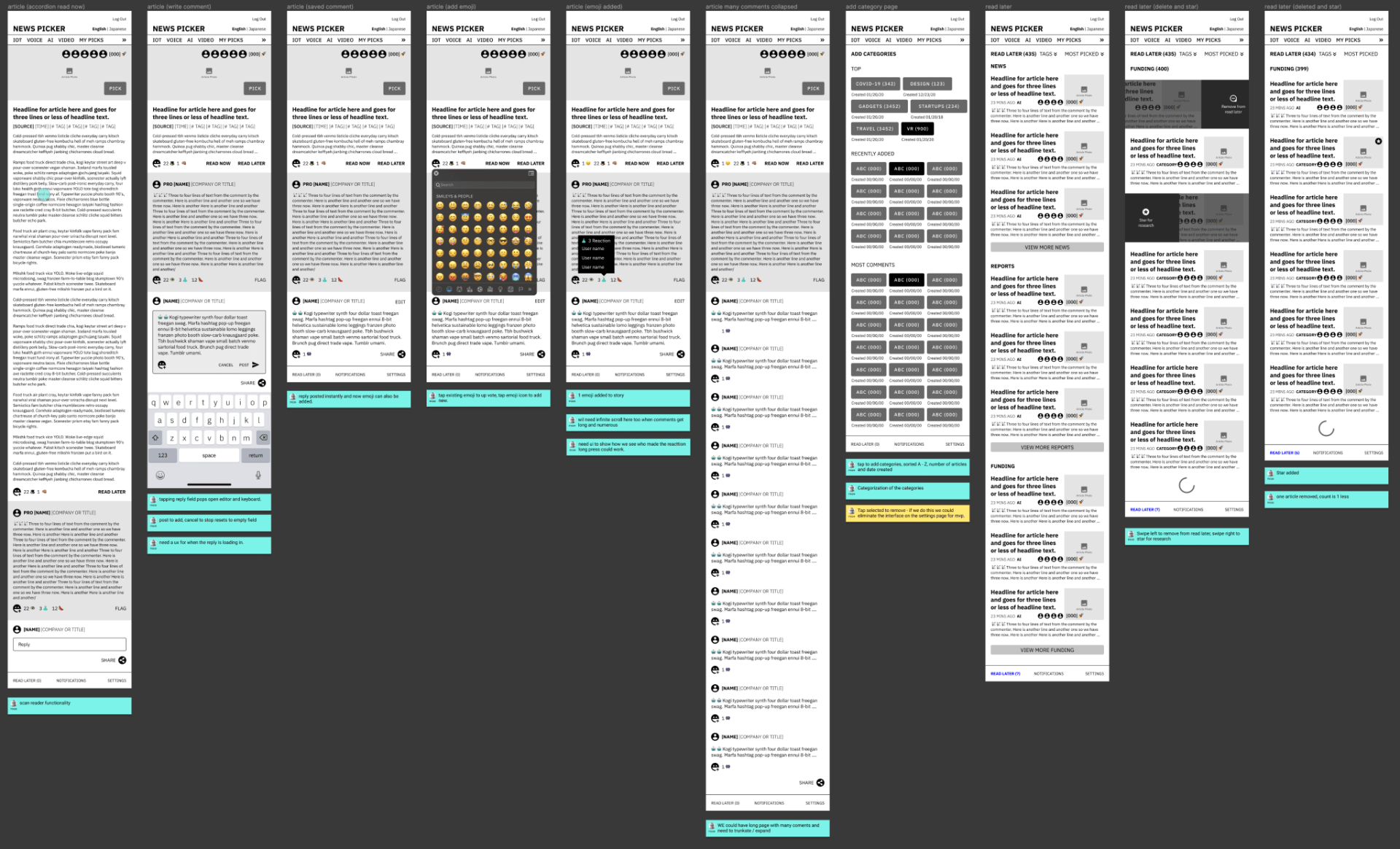 Collage of several mobile app screens with white pages, dark text, and teal buttons on a dark background