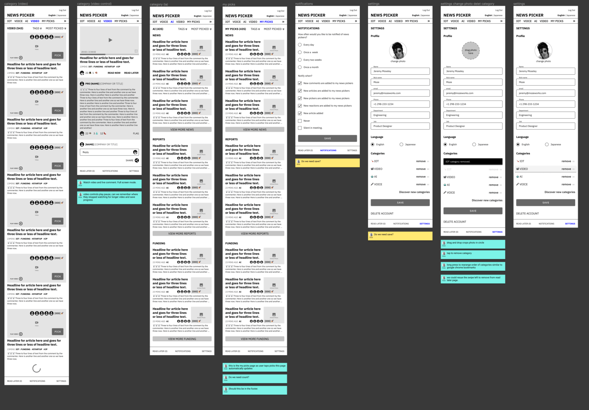 Mobile app wireframe storyboard showing multiple white screens with lists, forms, and teal action buttons on a dark background