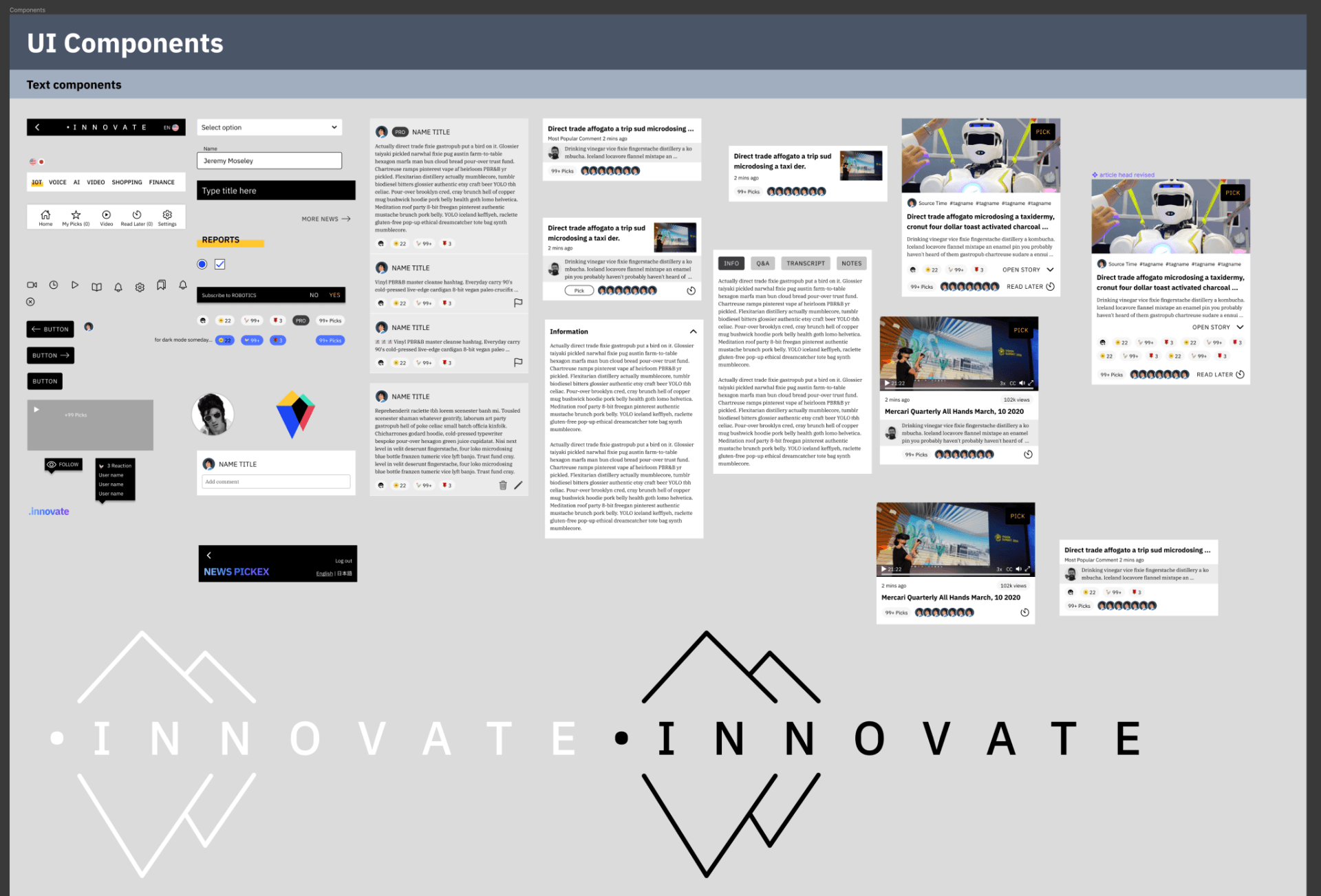 UI mockup collage for an “Innovate” website, with wireframes, cards, and logo sketches on a gray canvas