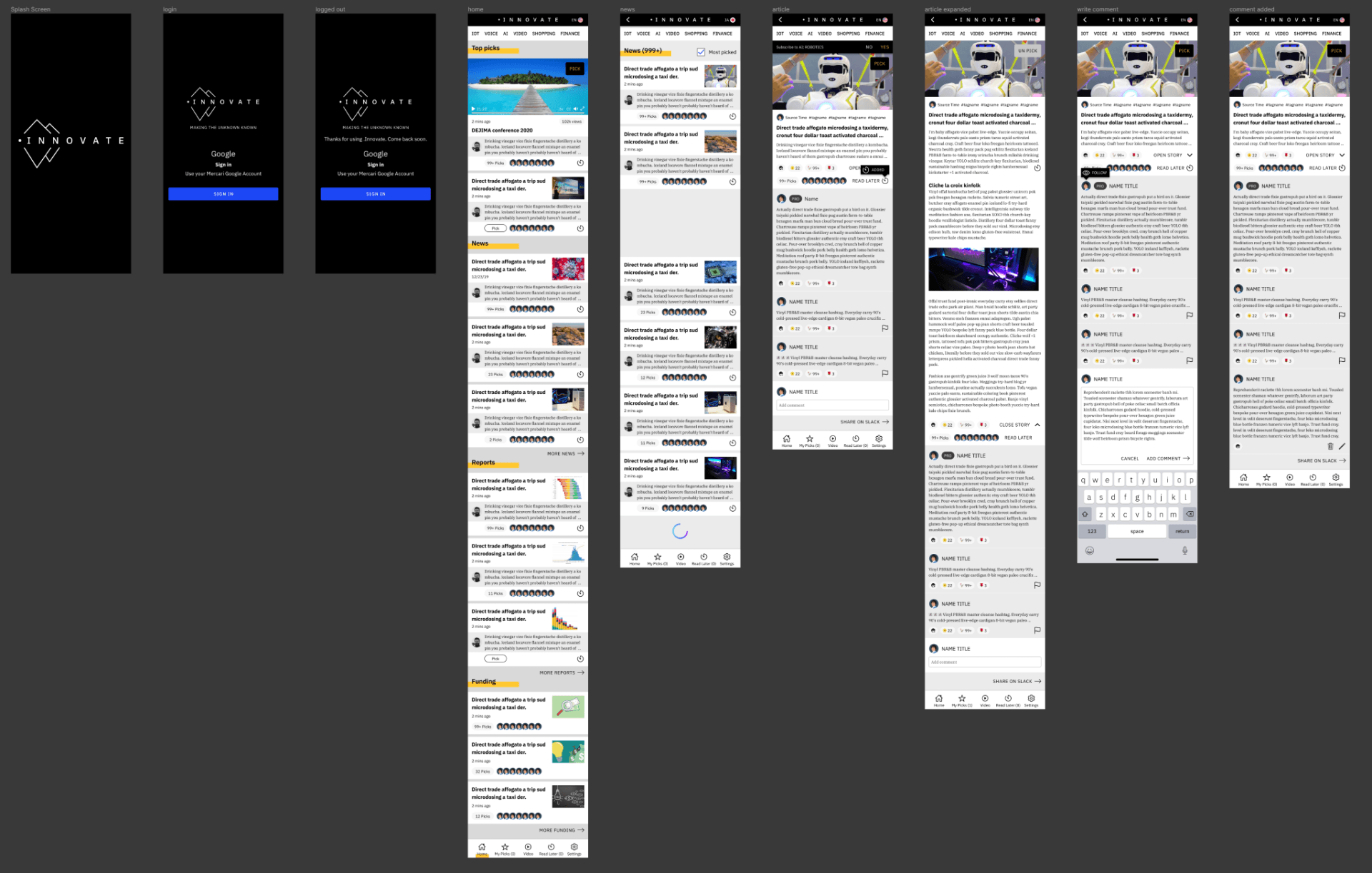 Collage of mobile app screens showing loading and news/article feeds on dark and white backgrounds
