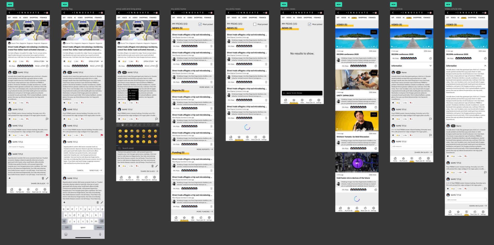 A collage of eight narrow smartphone screenshots showing app pages, menus, and text content on a dark background