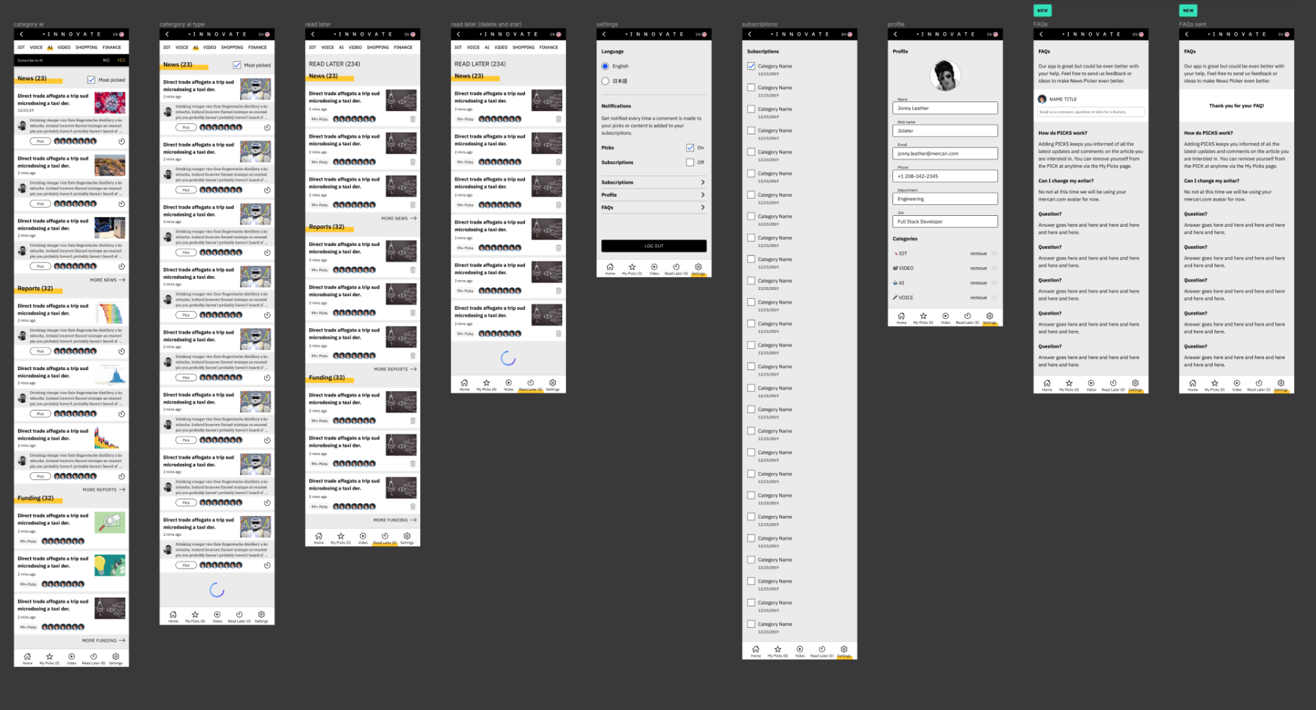 Multiple mobile app screens on a dark background, showing assorted lists and settings menus.