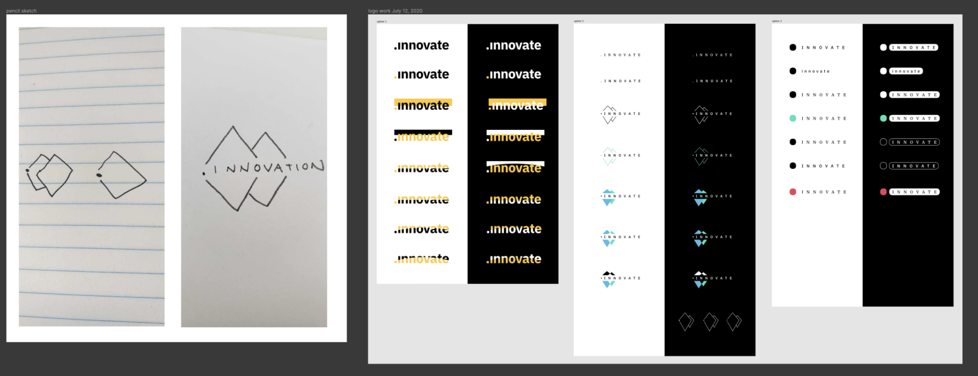 Two-page sketchbook spread with simple geometric diagrams and a grid of black-and-white UI icon variations