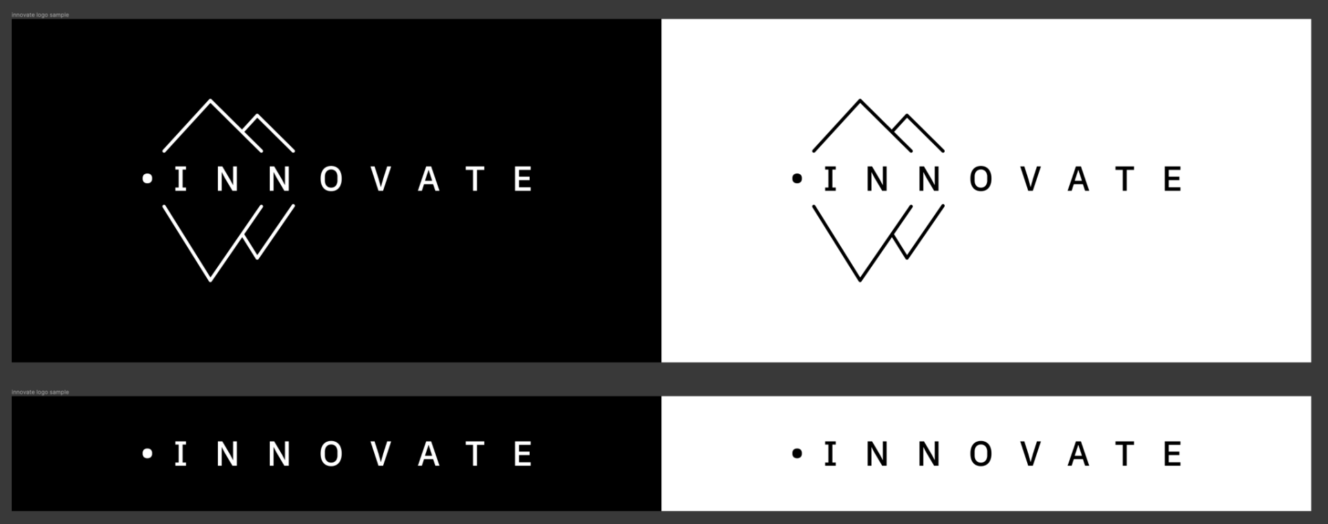 Four Innovate logo variants in black and white, showing a mountain outline above the wordmark.