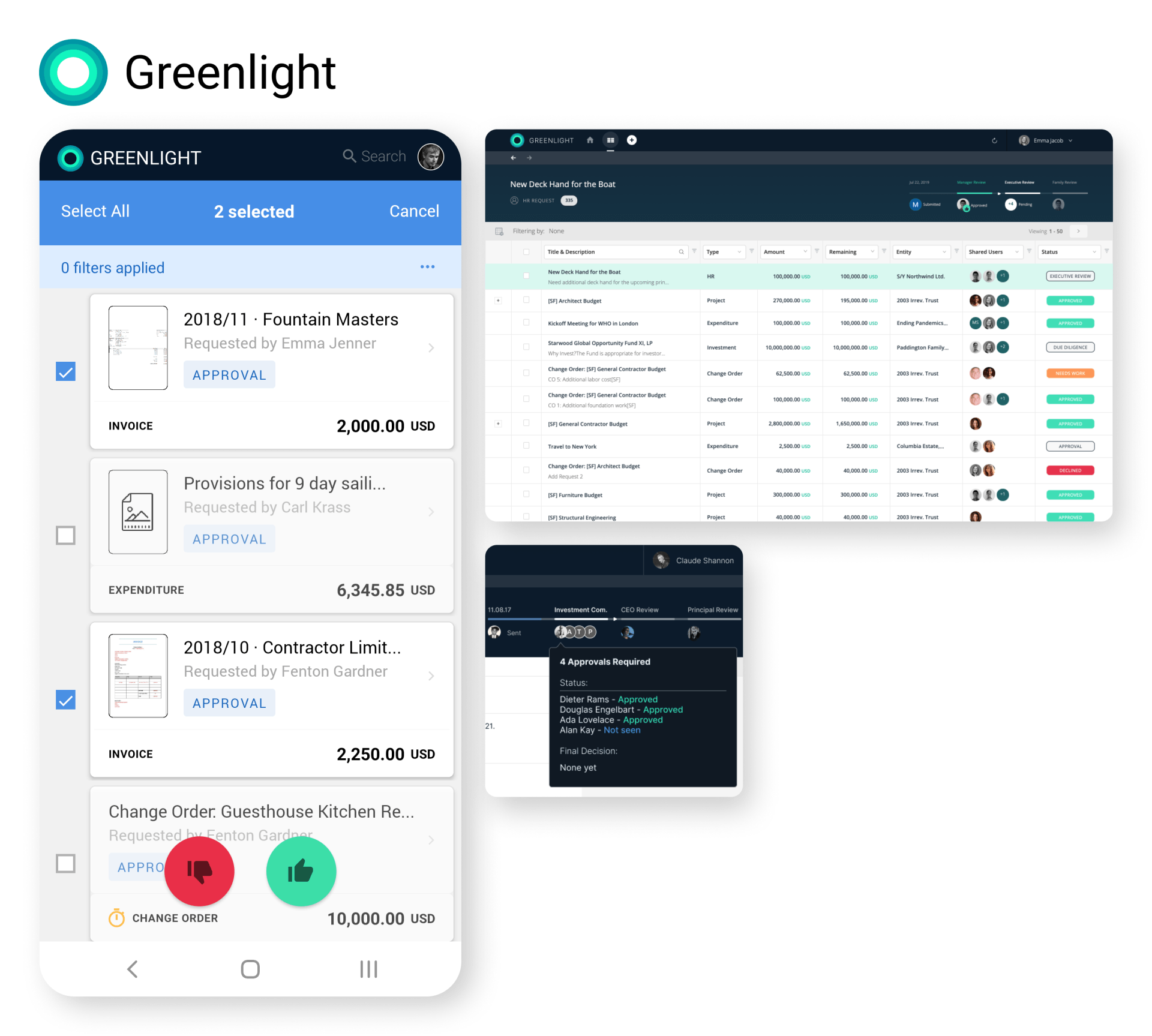 Greenlight finance app screens showing mobile dashboard, transaction list, and dark code-like panel