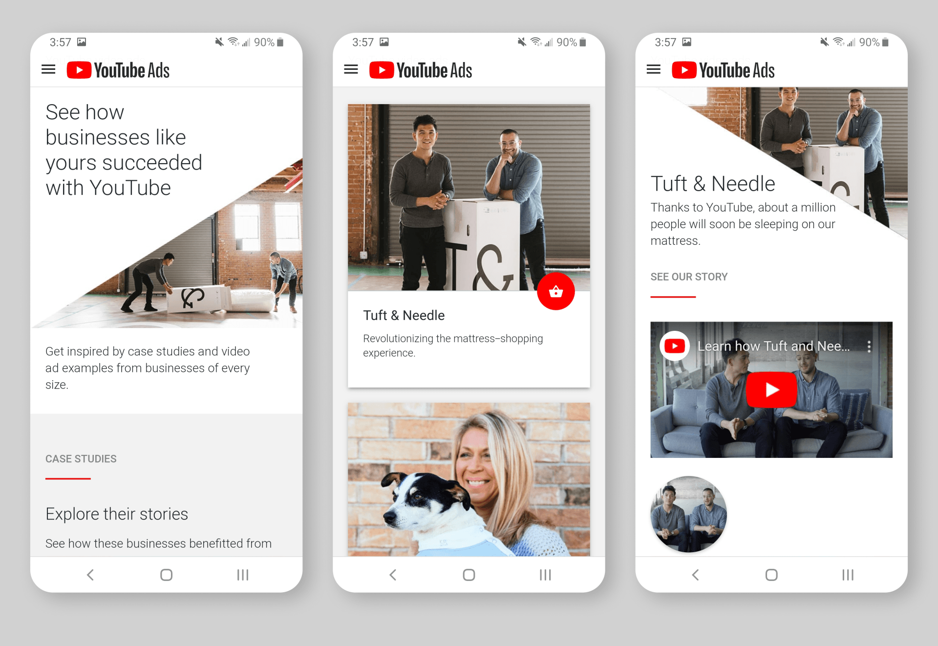 Three smartphone screens showing the YouTube app with video thumbnails and a red play button.