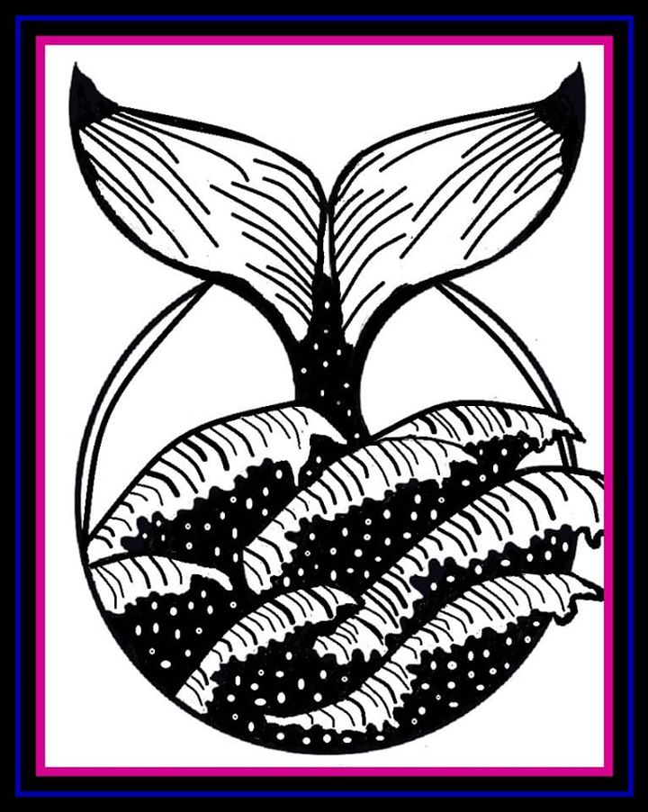 Black-and-white illustration of a whale tail and a spiral shell inside a circular frame