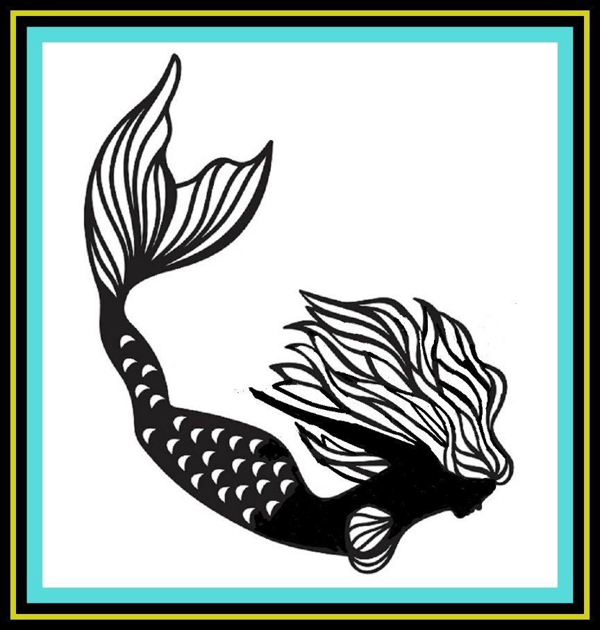 Black and white mermaid tail illustration with flowing fin on a white background, framed by turquoise and black borders