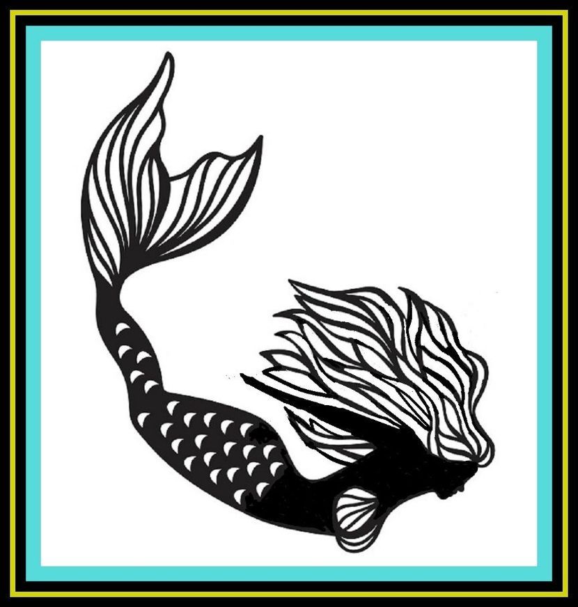 Black and white stylized mermaid silhouette with flowing tail and hair, framed by a turquoise border