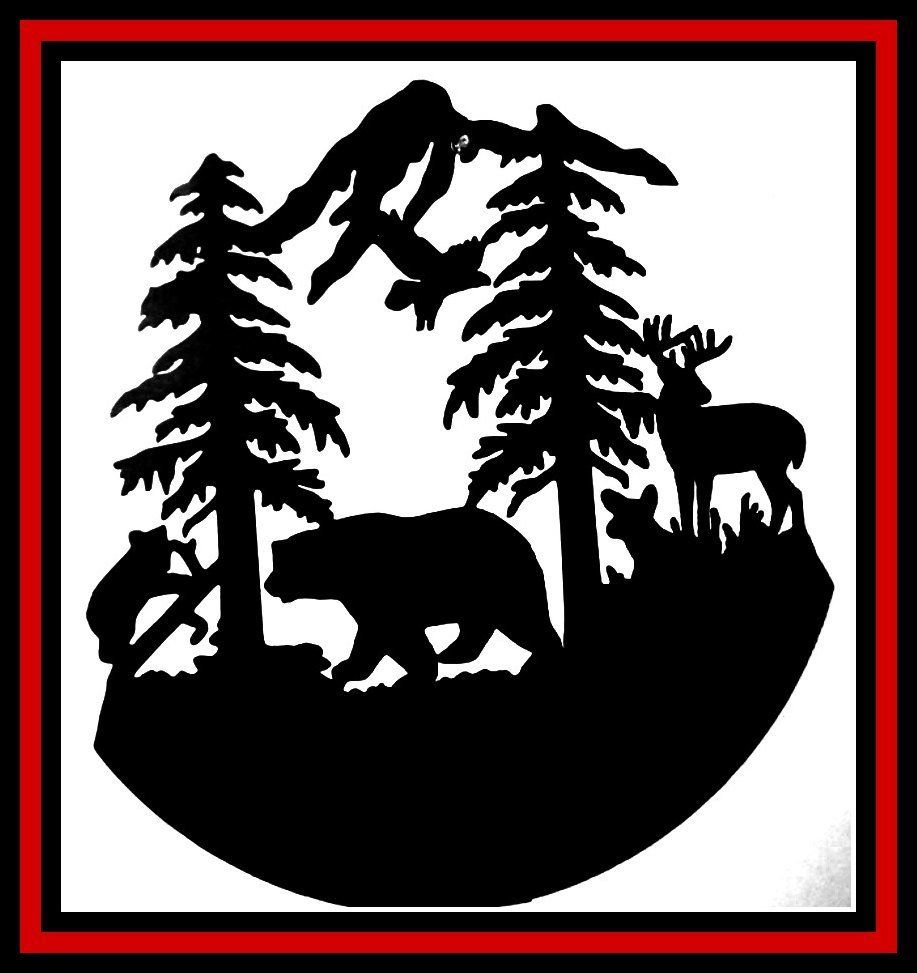 Black wildlife silhouette of bear, deer, and pine trees inside a red-bordered circle