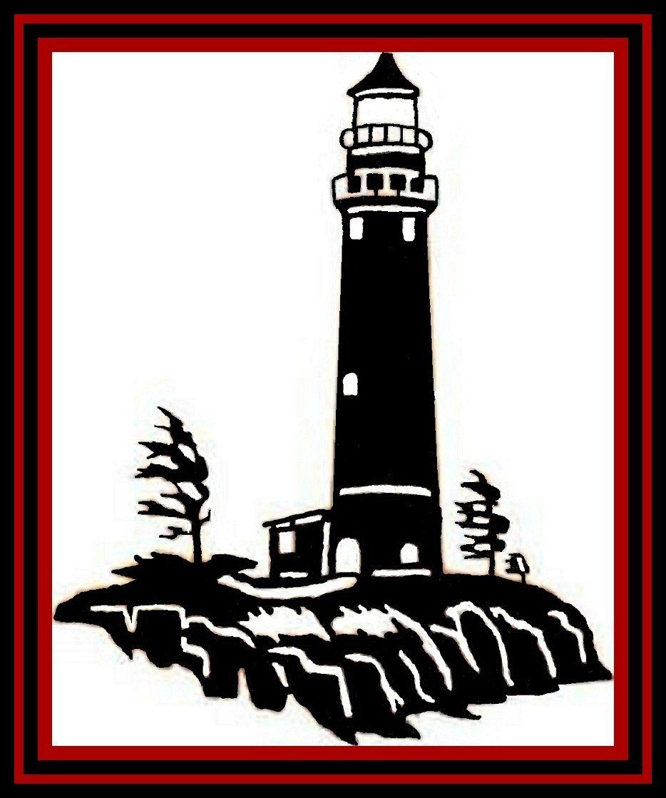 Black-and-white lighthouse on rocks, framed by a red border.